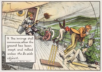 （9）イニングは、1910年に公開された「Laws of Cricket」からの内側のオブジェクトを除いて、地面を掃いて転がした後に開始するものとします。 作： Charles Crombie